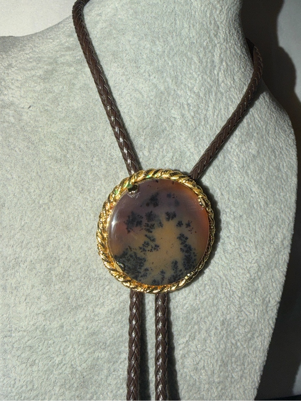 Artisan Bolo~Mahogany  Obsidian w/Gold Bezel/Tips on Dark Brown Leather Cord